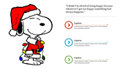 Charlie brown christmas card slide displaying snoopy wearing a santa hat and lights, including quotes and captions.