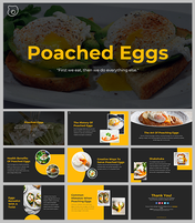 Slide pack featuring poached eggs images with detailing recipes, history, and benefits with a black and yellow color scheme.