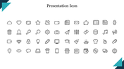 A grid of various presentation icons in simple black line style placed in a white background.