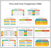 Group of slides with grid layouts of pros and cons comparison tables featuring colorful sections and text.