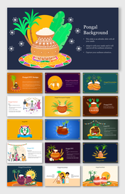 Pongal festival slide deck with pots, sugarcane, and traditional family illustrations on vibrant backgrounds.