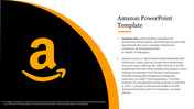 Slide design with Amazon's iconic logo on a black background and text outlining its services, headquarters, and web presence.