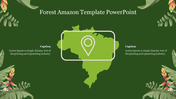 Map of Brazil with a location pin icon and tropical leaves in the corners with two captions on a green background.