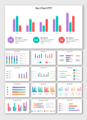 Slide deck with various colorful bar charts, featuring vertical and horizontal bars in different colors to represent data.