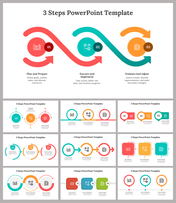 A pack of slides showing a three step process flow with icons and colorful layout designs with text descriptions.