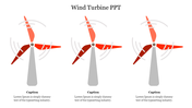 Three wind turbine illustrations, each with a gray base and red blades in motion, with curved lines indicating rotation.