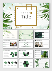 Slide deck with soft green and white themes, featuring leafy designs, gold frames, and text areas with simple, clean layouts.