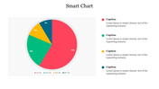 Smart pie chart with five segments in different colors, displaying percentages, with three placeholder text to the right.