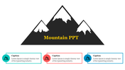 Three black mountains with snowy tops and yellow text, and caption boxes in teal, red, and blue at the bottom.