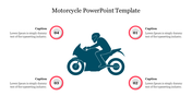 Dark blue motorcycle icon in the center with four red-bordered circles containing numbers and captions around it.