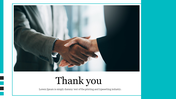 Corporate thank you slide with a close-up handshake in a white and blue background and a title text area.