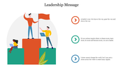 An illustration of a leader standing on a podium, pointing to a flag, with quotes about leadership and inspiration.