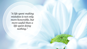 Circular text box with a quote over a blurred background of a white flower with soft blue and green hues.