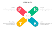 PEST analysis slide showing red, green, blue, and yellow segments connected to a central circular hub.