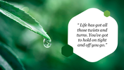 Leaf with a droplet of water and a white hexagon shaped speech bubble containing a quote, on a green background.