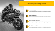  A motorcyclist on the left, with four yellow placeholder captions on the right in a safety-themed slide layout.