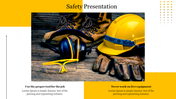 A set of safety equipment, including a yellow hard hat, earmuffs, gloves, and goggles, on a wooden surface with captions.