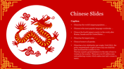 Chinese themed slide featuring a red and gold dragon design with key facts about China listed in bullet points.