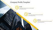 Company profile template in a modern diagonal layout featuring three text placeholders, with a bright cityscape background.