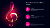 Music-themed slide with a neon treble clef and three pink icons for captions on a dark background.