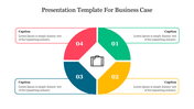 A colorful business case template with a circular layout and four labeled sections with icons, including space for captions.