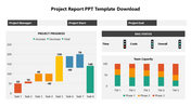 Project report slide with colorful bar charts showing project progress and team capacity, including RAG status indicators.