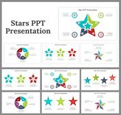 A pack of multiple star shaped slides with different designs colors and sections with icons and text descriptions.