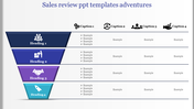 Sales review slide with four horizontal sections labeled as four headings, each containing example text and icons.