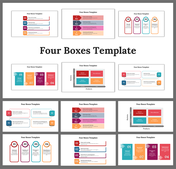 Set of four box slides with different colorful designs with numbered sections and text area.