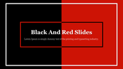 A slide with a black and red split background with red and black bordered box with title text in white and a placeholder text