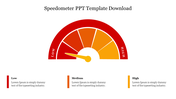 Semi circular speedometer graphic with red to yellow gradient, and three placeholder text below.