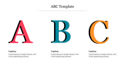 Large stylized letters A, B, and C in red, teal, and orange, each with a caption beneath on a white background.