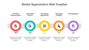 Horizontal row of five colorful circles with icons and labels representing different market segmentation factors.