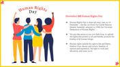 Illustration of four diverse people embracing with human rights day text and event details on the right.