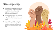 Human rights slide showing three fists of different skin tones raised above autumn leaves, with text on its importance.