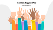 Illustration of diverse hands raised in celebration of human rights on a light background.