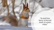 A squirrel standing in the snow with a blurred snowy forest background and a circular white overlay on the right.