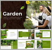 Template focused on gardening, with slides for garden introduction, design, and tools accompanied by vibrant plant images.