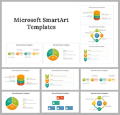 Collection of Microsoft SmartArt templates including colorful stacked diagrams with numbers and icons with text area.