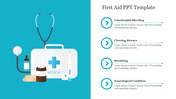 First Aid slide featuring a blue themed medical kit with a stethoscope and four sections with placeholder text.