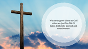 A Christian slide features a wooden cross against a bright sky with rays of sunlight and clouds, with a quote.