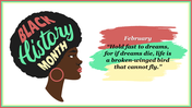 A vibrant slide for Black History Month featuring a woman's silhouette with a large afro accompanied by a quote about dreams.