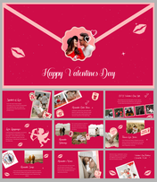 Red slide deck with romantic imagery, heart shapes, and kiss marks, featuring valentine's day celebration ideas.