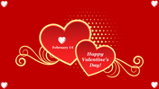 Red valentine's day background with two overlapping golden-bordered hearts and decorative swirls.