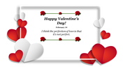 Valentine's day slide with a white frame, red roses, and red and white paper hearts on the edges.