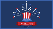 Festive Presidents day slide with red, white, and blue stars bursting from a top hat, celebrating February 21.