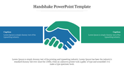 Handshake slide showcasing a graphic of two hands shaking, emphasizing partnership and teamwork with placeholder text.