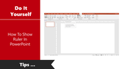 Tutorial showing how to enable the ruler in PowerPoint, with the View tab highlighted.