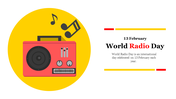 Illustration of a red radio with music notes inside a yellow circle, with text featuring World  Radio day, dated on Feb13.