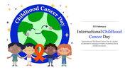 Childhood cancer day awareness slide featuring happy earth with children holding hands and an orange ribbon, with text.